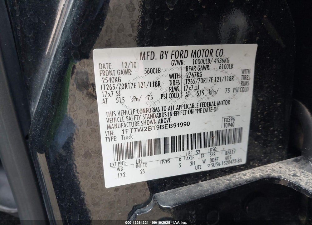 2011 FORD F-250 XLT VIN: 1FT7W2BT9BEB91990