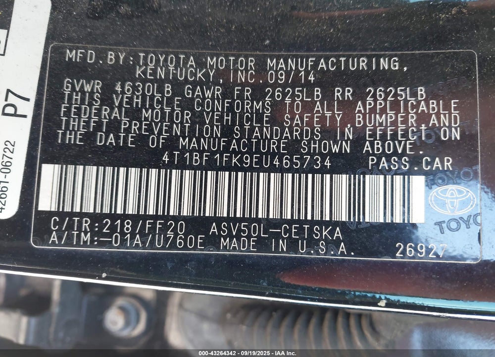 2014 TOYOTA CAMRY VIN: 4T1BF1FK9EU465734