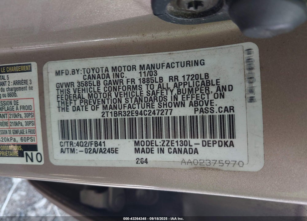2004 TOYOTA COROLLA CE VIN: 2T1BR32E94C247277