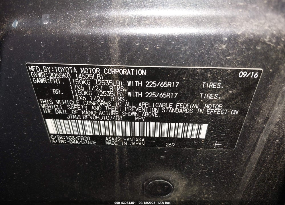 2017 TOYOTA RAV4 VIN: JTMZFREV0HJ107408