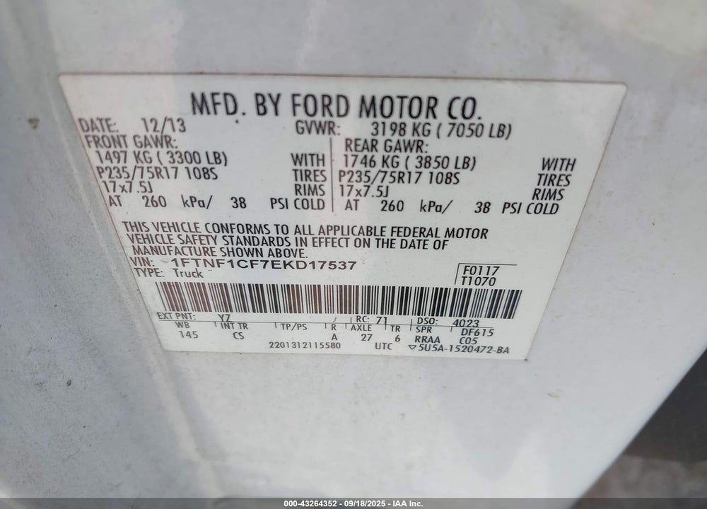 2014 FORD F-150 VIN: 1FTNF1CF7EKD17537