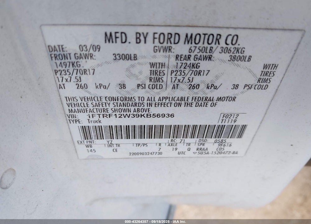 2009 FORD F-150 VIN: 1FTRF12W39KB56936