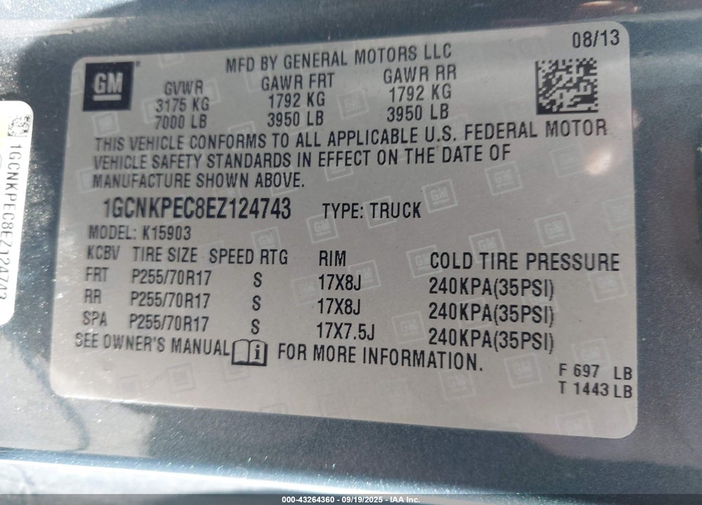 2014 CHEVROLET SILVERADO 1500 VIN: 1GCNKPEC8EZ124743