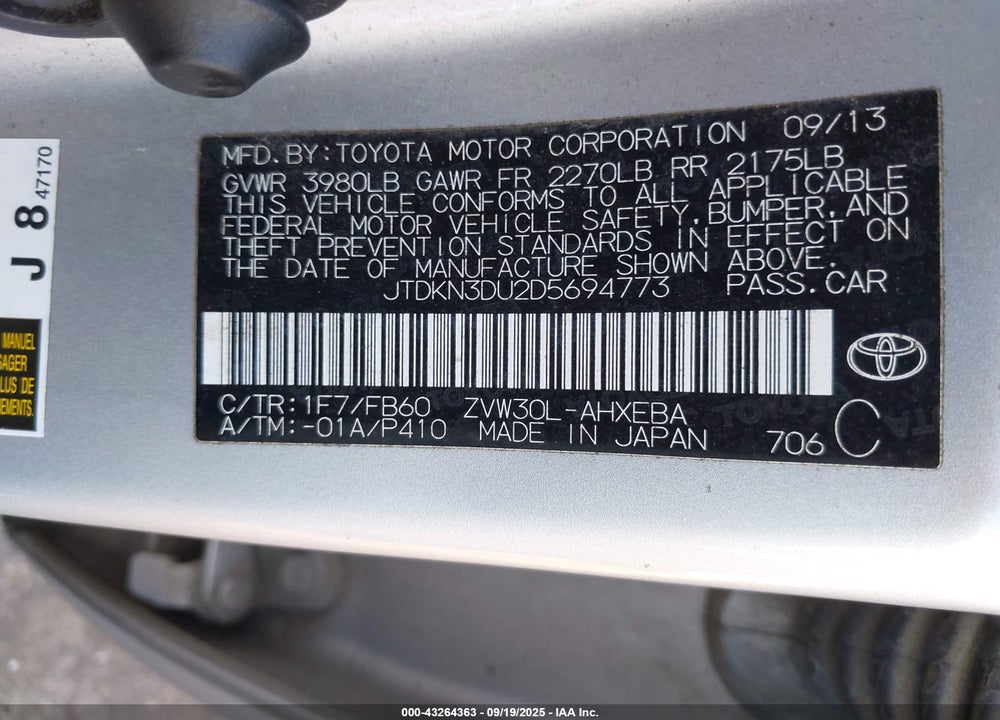 2013 TOYOTA PRIUS VIN: JTDKN3DU2D5694773