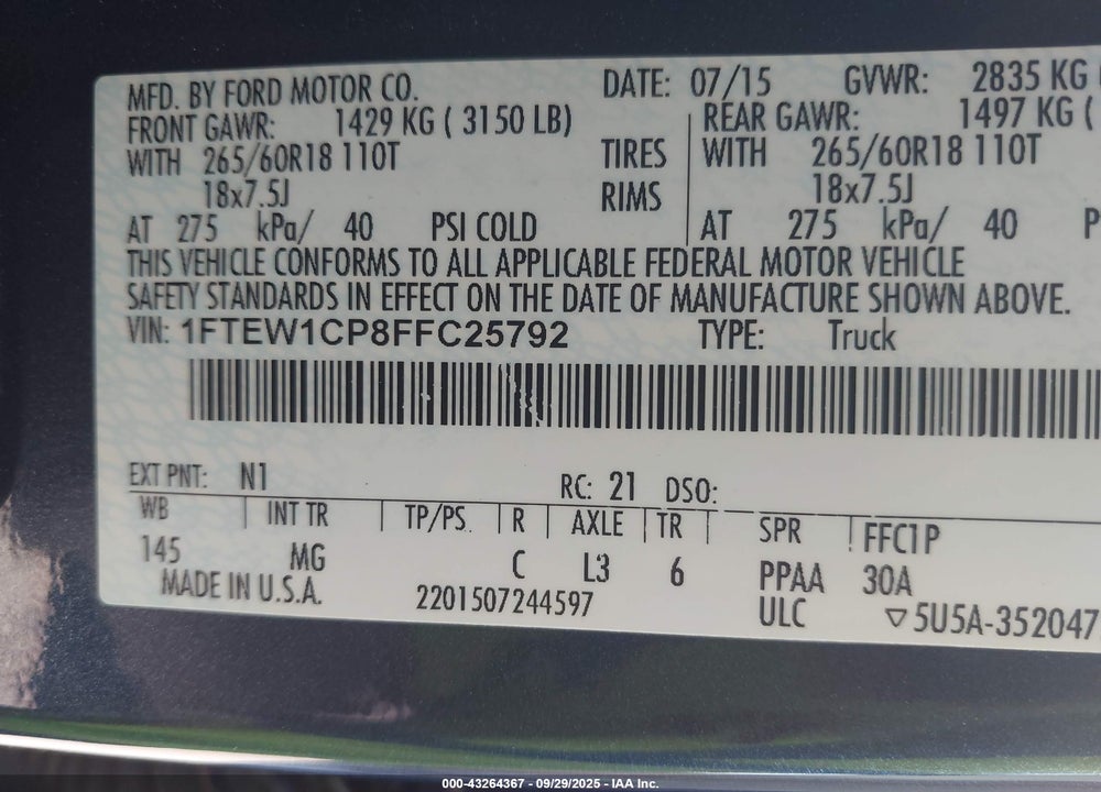 2015 FORD F-150 XLT VIN: 1FTEW1CP8FFC25792