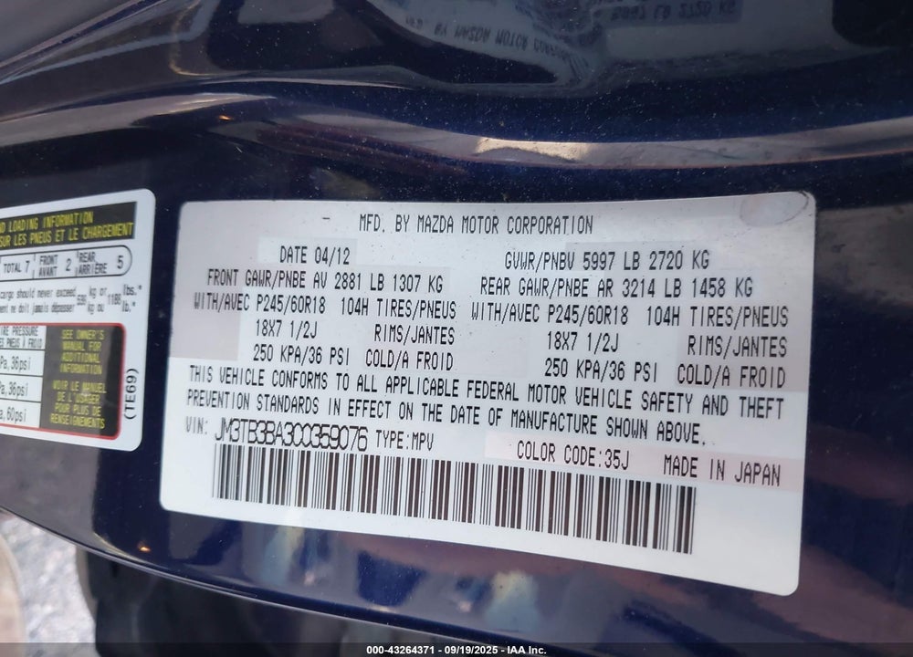 2012 MAZDA CX-9 VIN: JM3TB3BA3C0359076