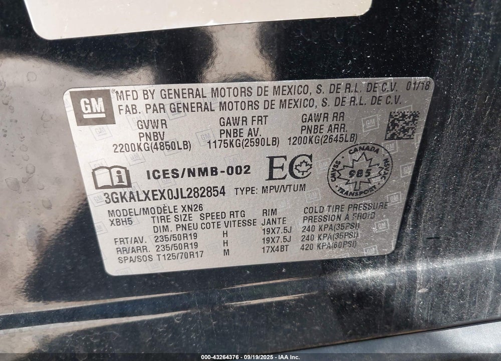 2018 GMC TERRAIN VIN: 3GKALXEX0JL282854