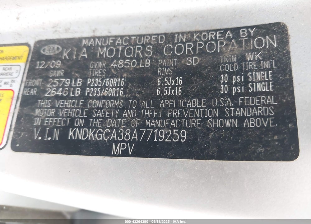 2010 KIA SPORTAGE LX V6 VIN: KNDKGCA38A7719259
