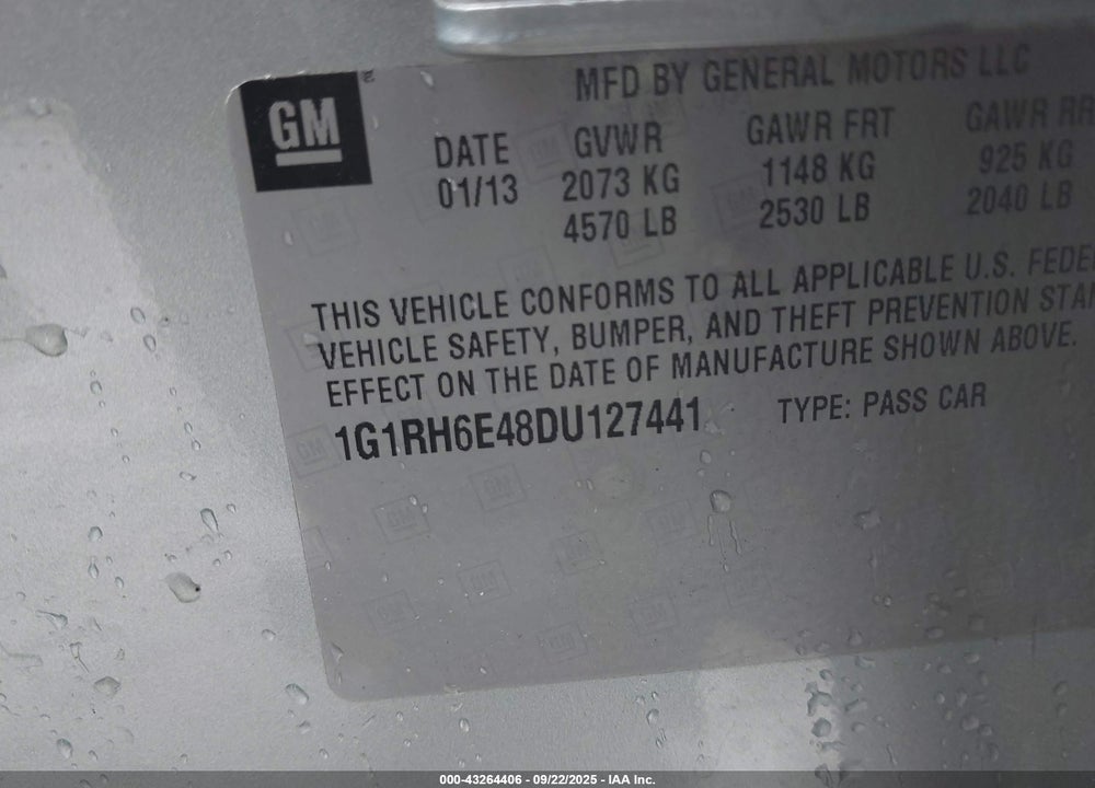 2013 CHEVROLET VOLT VIN: 1G1RH6E48DU127441