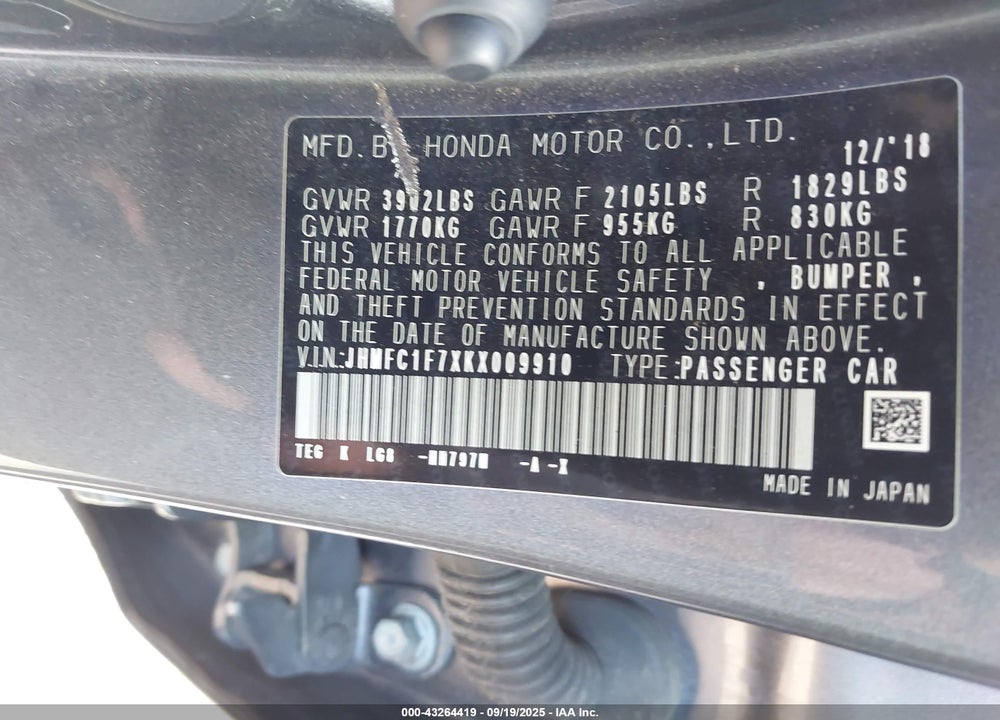 2019 HONDA CIVIC VIN: JHMFC1F7XKX009910