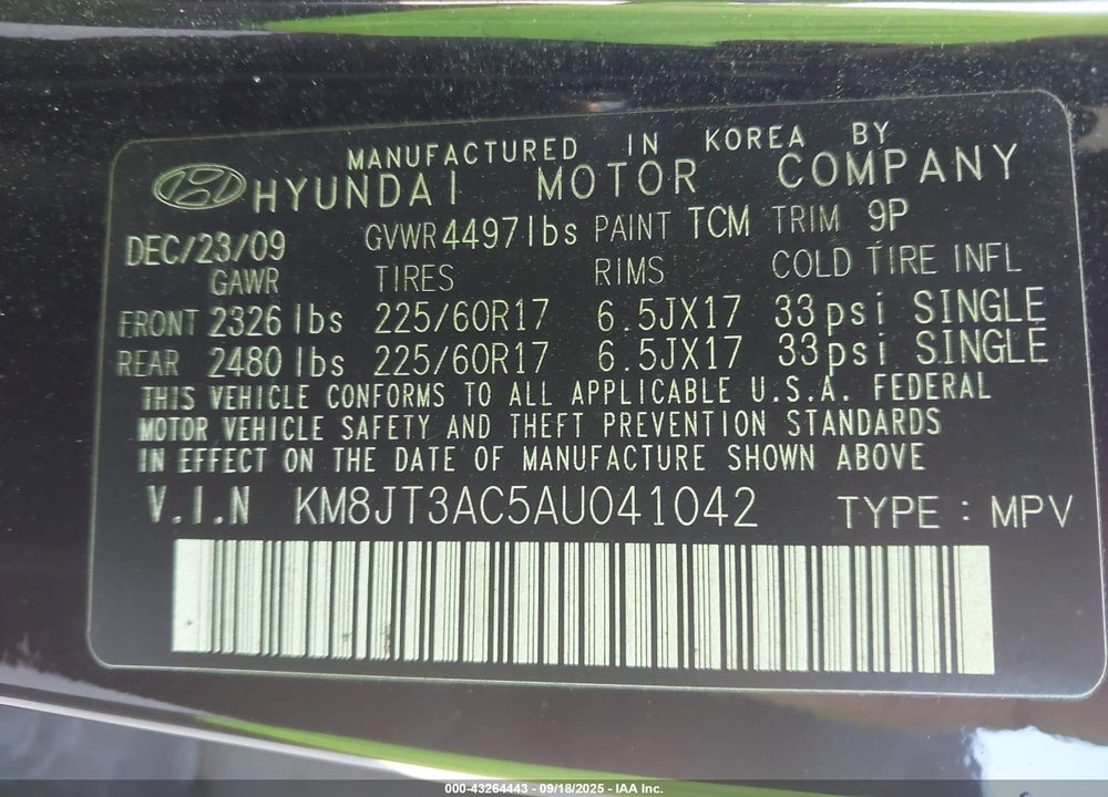 2010 HYUNDAI TUCSON GLS VIN: KM8JT3AC5AU041042