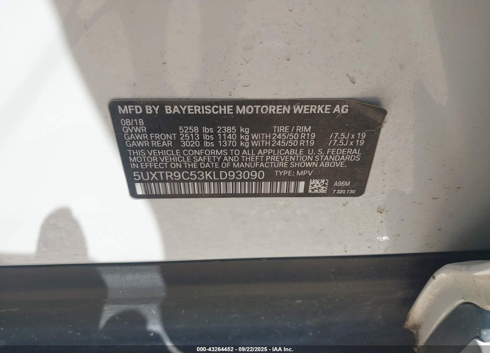 2019 BMW X3 XDRIVE30I VIN: 5UXTR9C53KLD93090