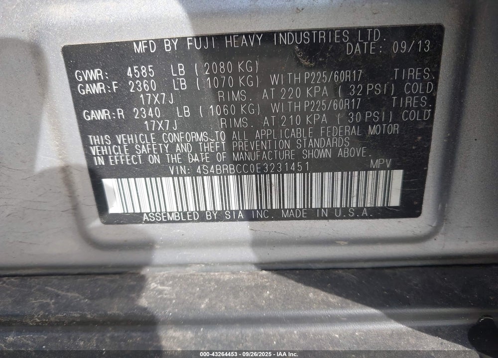 2014 SUBARU OUTBACK VIN: 4S4BRBCC0E3231451