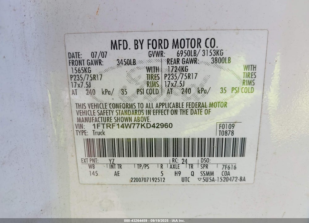 2007 FORD F-150 VIN: 1FTRF14W77KD42960