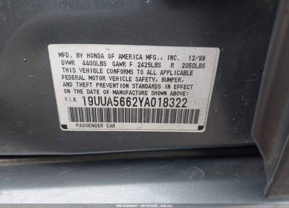 2000 ACURA TL 3.2 VIN: 19UUA5662YA018322