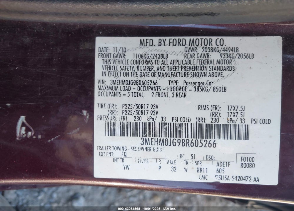 2011 MERCURY MILAN VIN: 3MEHM0JG9BR605266