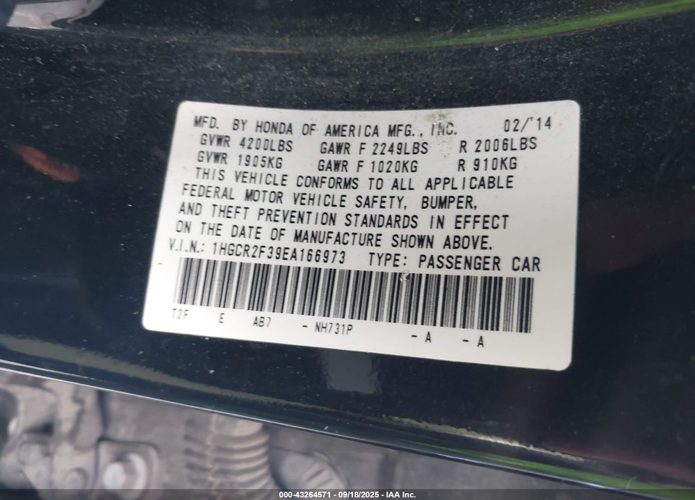 2014 HONDA ACCORD LX VIN: 1HGCR2F39EA166973