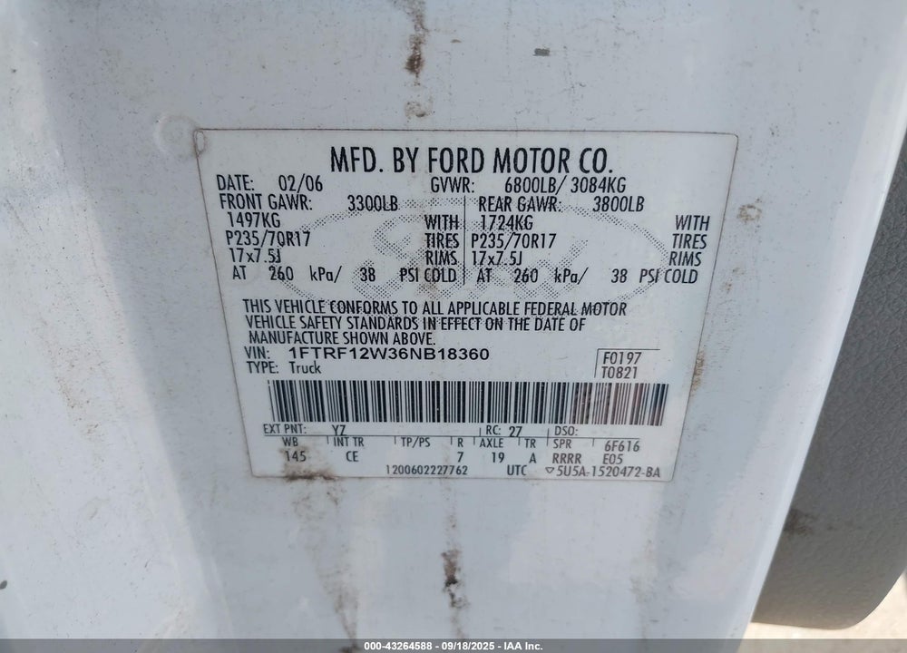 2006 FORD F-150 STX/XL/XLT VIN: 1FTRF12W36NB18360