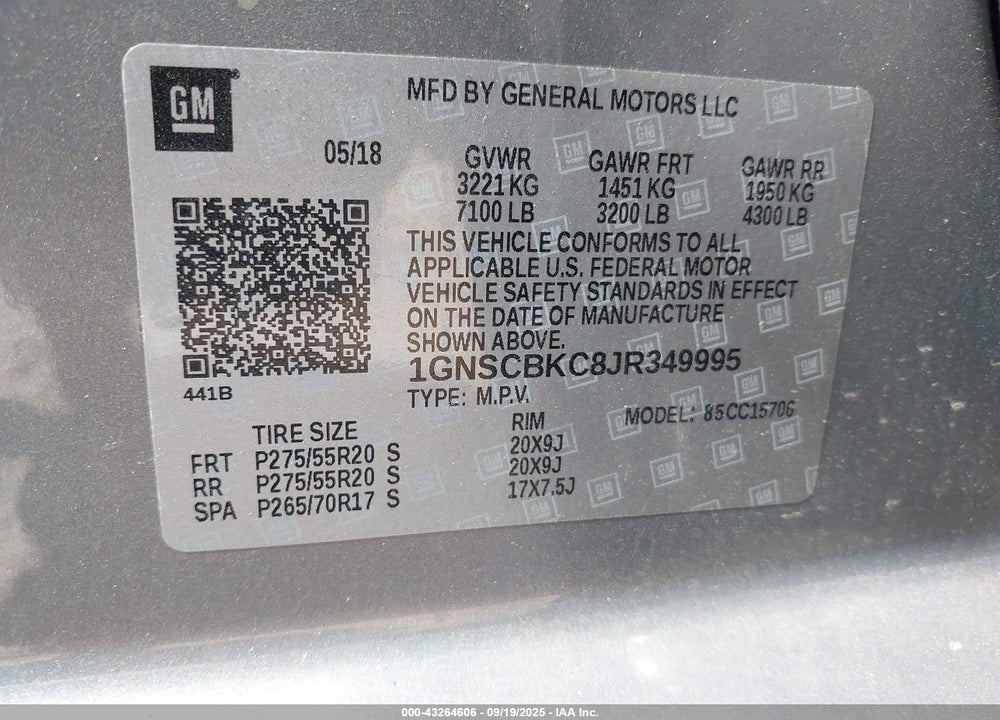 2018 CHEVROLET TAHOE LT VIN: 1GNSCBKC8JR349995
