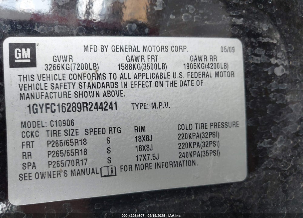 2009 CADILLAC ESCALADE ESV STANDARD VIN: 1GYFC16289R244241