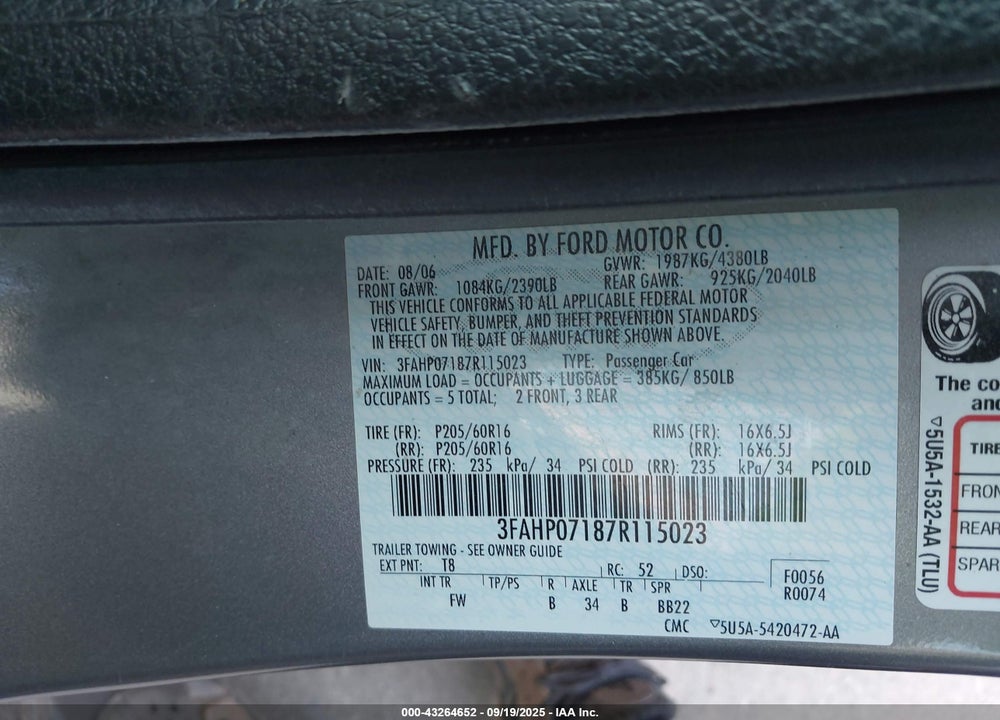 2007 FORD FUSION SE VIN: 3FAHP07187R115023