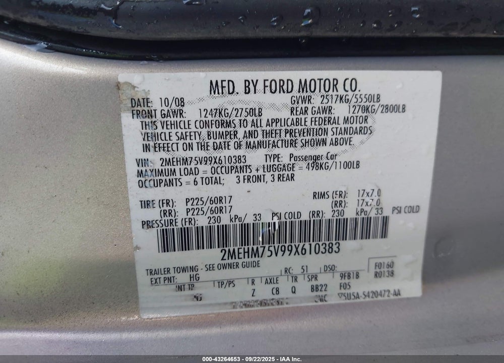 2009 MERCURY GRAND MARQUIS VIN: 2MEHM75V99X610383