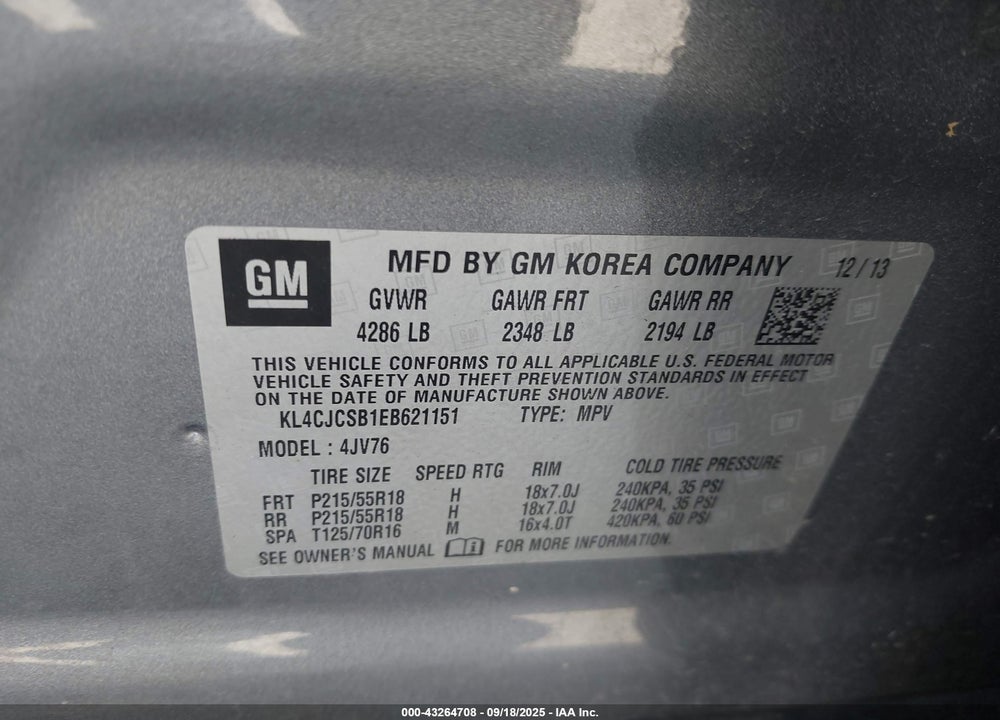 2014 BUICK ENCORE VIN: KL4CJCSB1EB621151