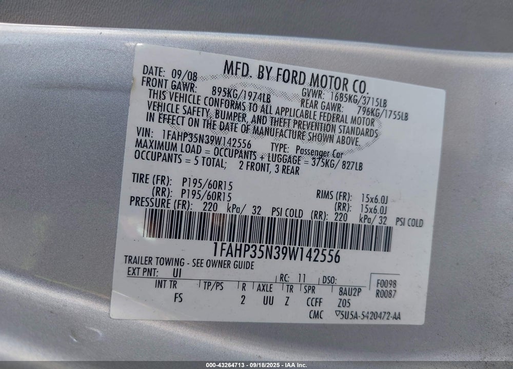 2009 FORD FOCUS SE VIN: 1FAHP35N39W142556