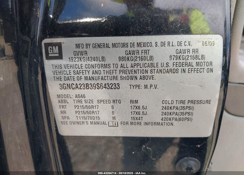 2009 CHEVROLET HHR LT VIN: 3GNCA23B39S643233