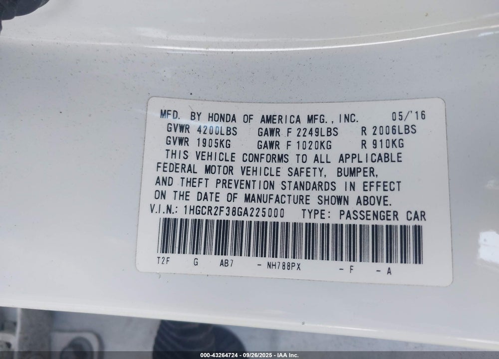 2016 HONDA ACCORD VIN: 1HGCR2F38GA225000