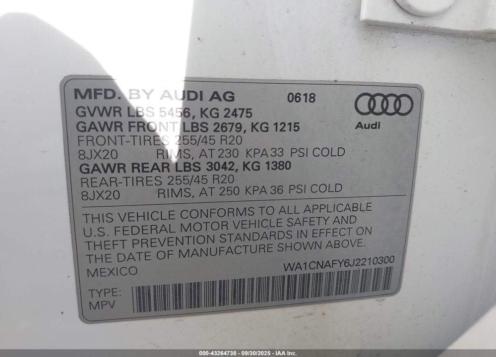 2018 AUDI Q5 2.0T PREMIUM/2.0T TECH PREMIUM VIN: WA1CNAFY6J2210300