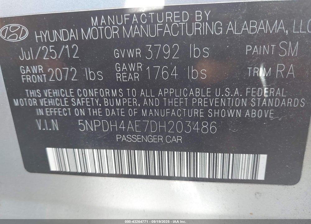 2013 HYUNDAI ELANTRA VIN: 5NPDH4AE7DH203486