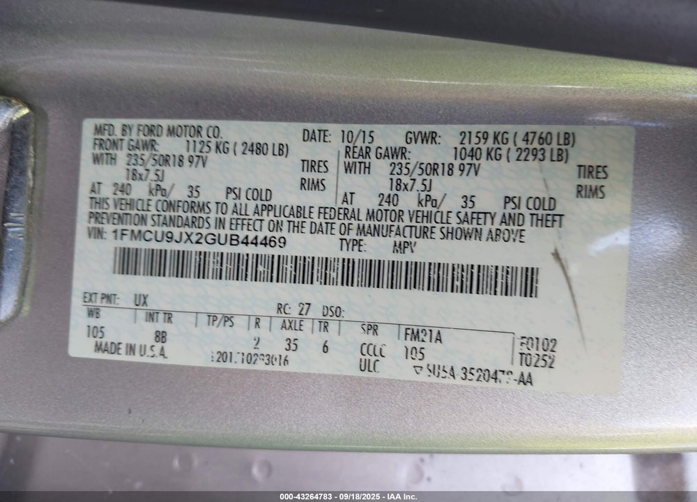 2016 FORD ESCAPE TITANIUM VIN: 1FMCU9JX2GUB44469