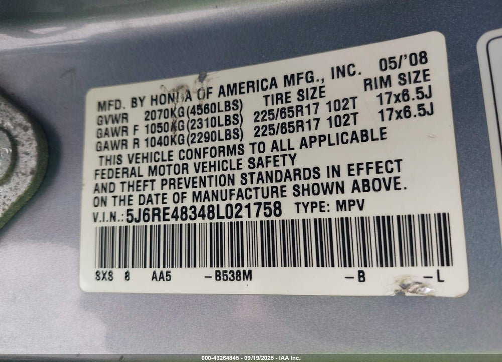 2008 HONDA CR-V VIN: 5J6RE48348L021758