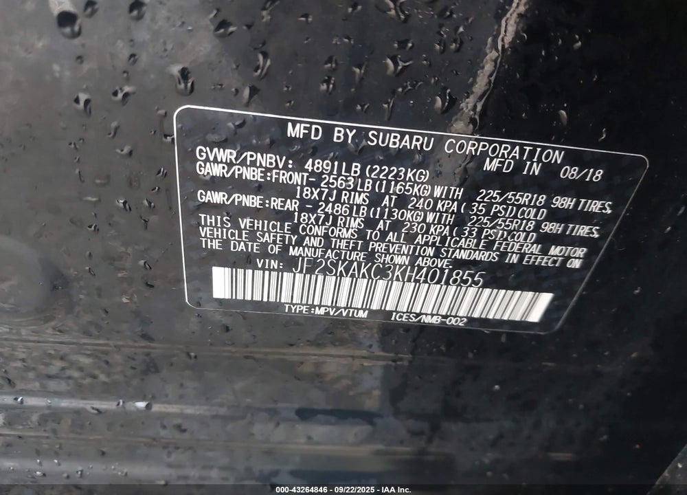 2019 SUBARU FORESTER SPORT VIN: JF2SKAKC3KH401855