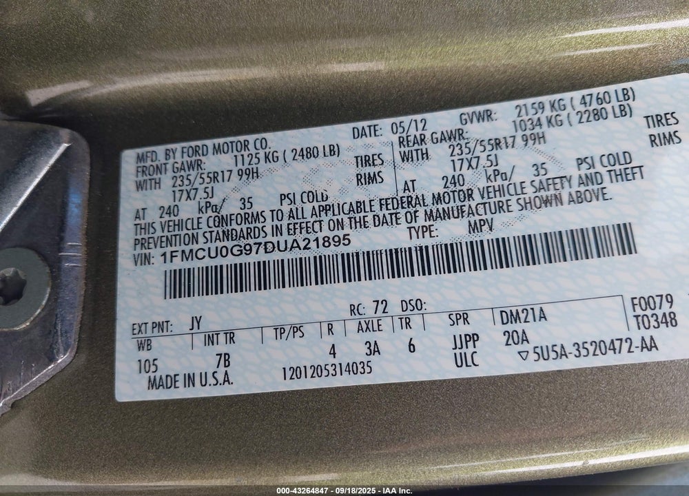 2013 FORD ESCAPE VIN: 1FMCU0G97DUA21895