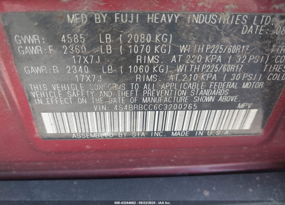 2012 SUBARU OUTBACK 2.5I PREMIUM VIN: 4S4BRBCC6C3200265