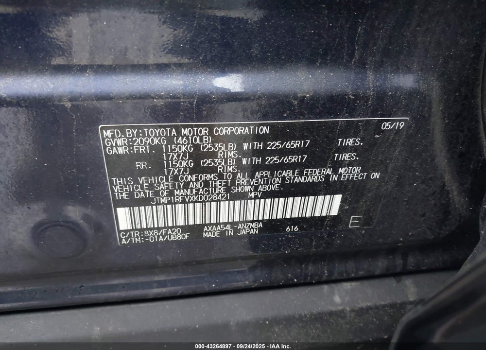 2019 TOYOTA RAV4 VIN: JTMP1RFVXKD028421