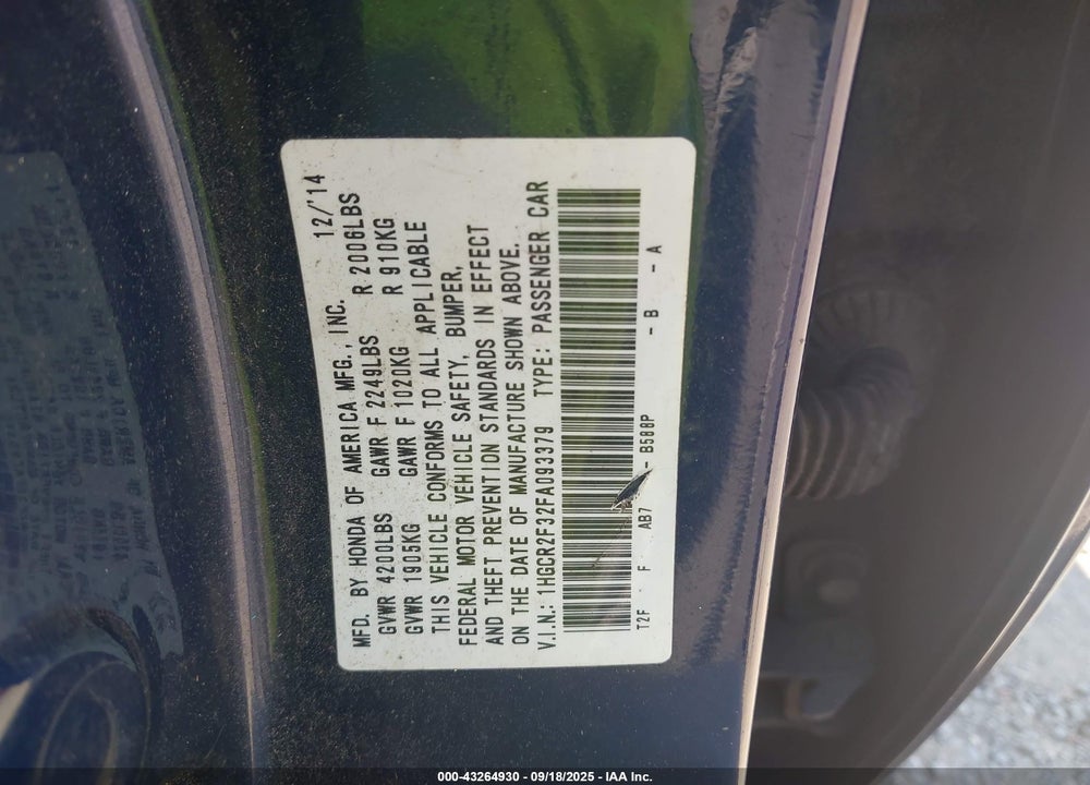 2015 HONDA ACCORD LX VIN: 1HGCR2F32FA093379