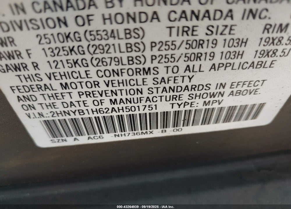 2010 ACURA ZDX VIN: 2HNYB1H62AH501751