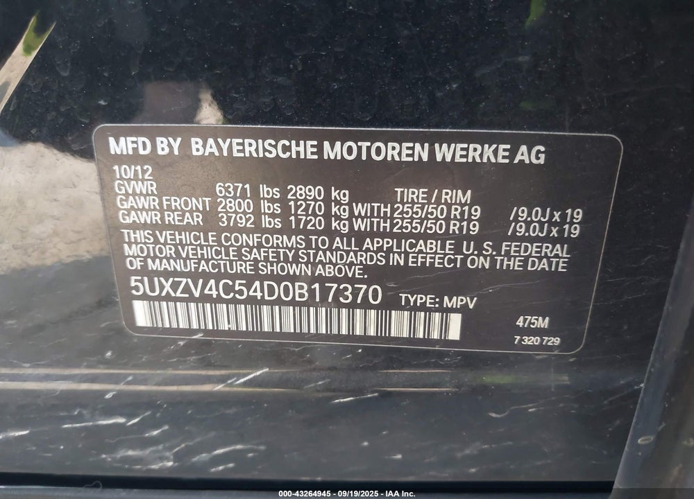 2013 BMW X5 XDRIVE35I/XDRIVE35I PREMIUM/XDRIVE35I SPORT ACTIVITY VIN: 5UXZV4C54D0B17370