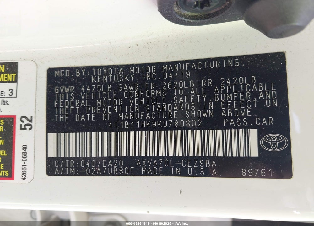 2019 TOYOTA CAMRY SE VIN: 4T1B11HK9KU780802