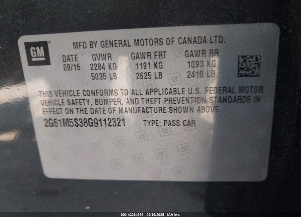 2016 CADILLAC XTS VIN: 2G61M5S38G9112321