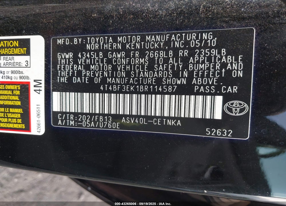 2011 TOYOTA CAMRY VIN: 4T4BF3EK1BR114587