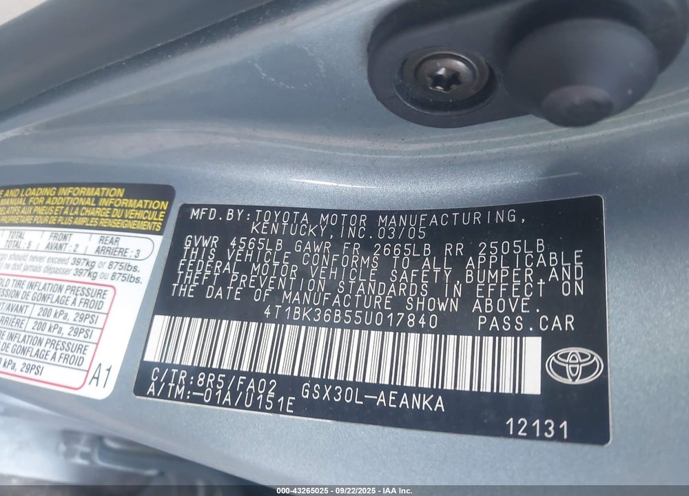 2005 TOYOTA AVALON XL VIN: 4T1BK36B55U017840