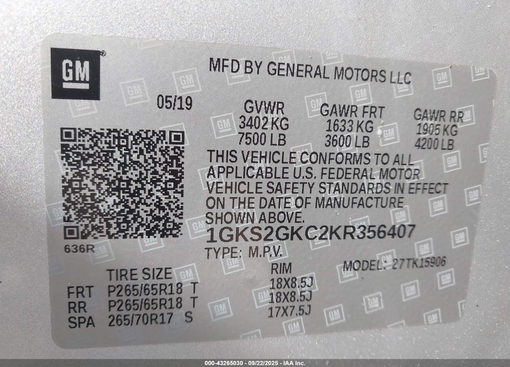 2019 GMC YUKON XL SLT VIN: 1GKS2GKC2KR356407