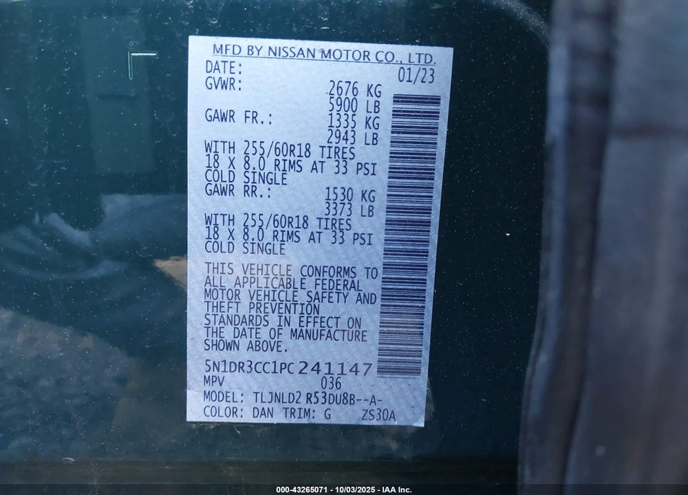 2023 NISSAN PATHFINDER SL 4WD VIN: 5N1DR3CC1PC241147