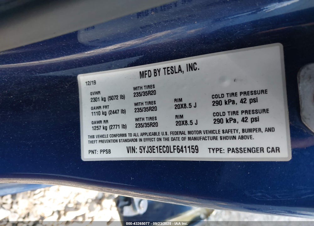 2020 TESLA MODEL 3 VIN: 5YJ3E1EC0LF641159