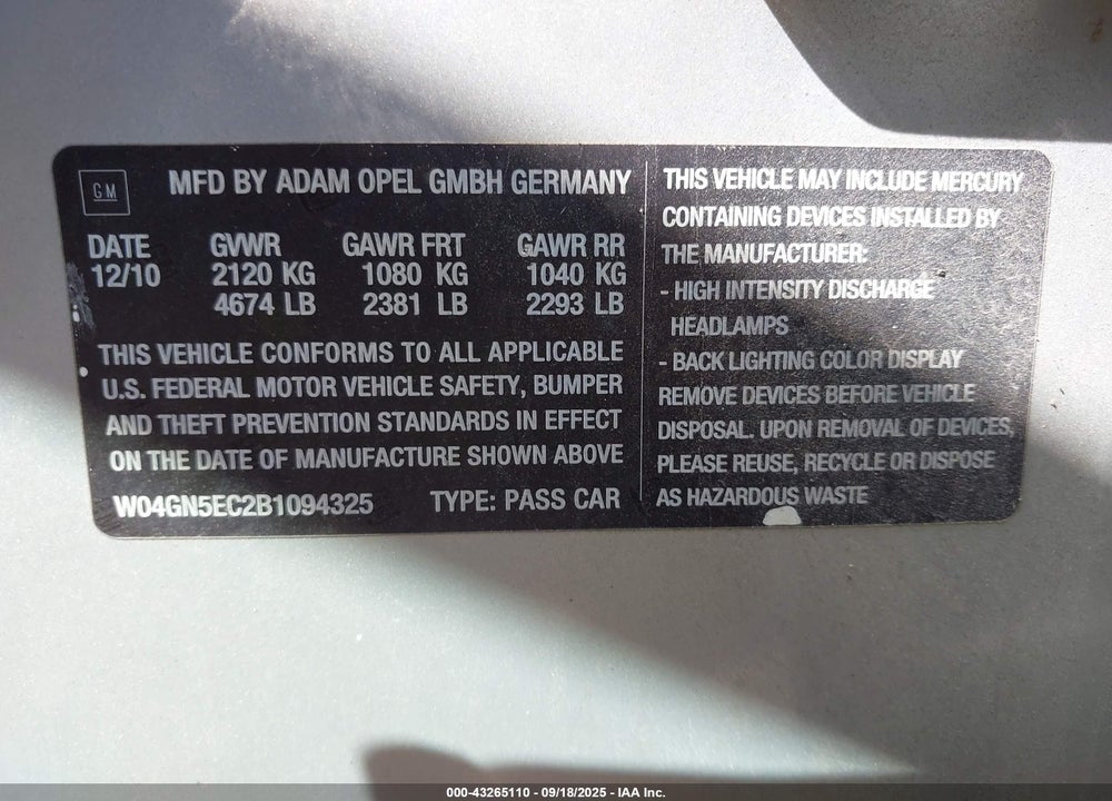 2011 BUICK REGAL VIN: W04GN5EC2B1094325