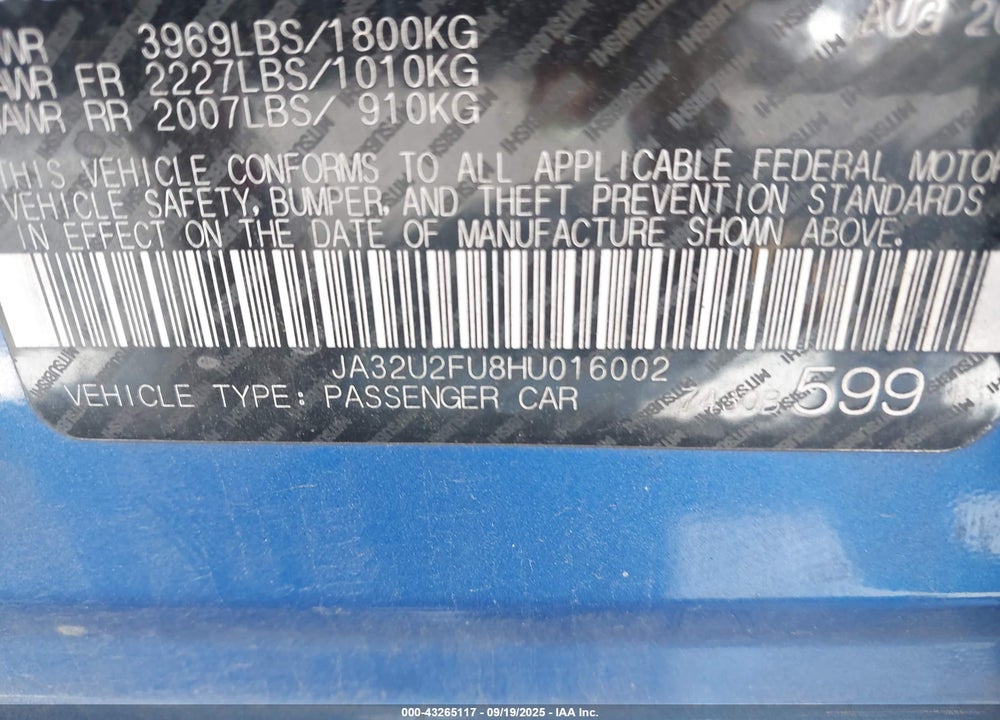 2017 MITSUBISHI LANCER VIN: JA32U2FU8HU016002